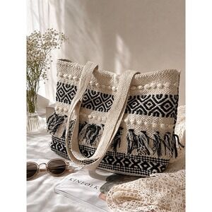 Raj Woven Geometric Tassel Tote Bag Black Cream Boho Pom Pom XL Large NEW